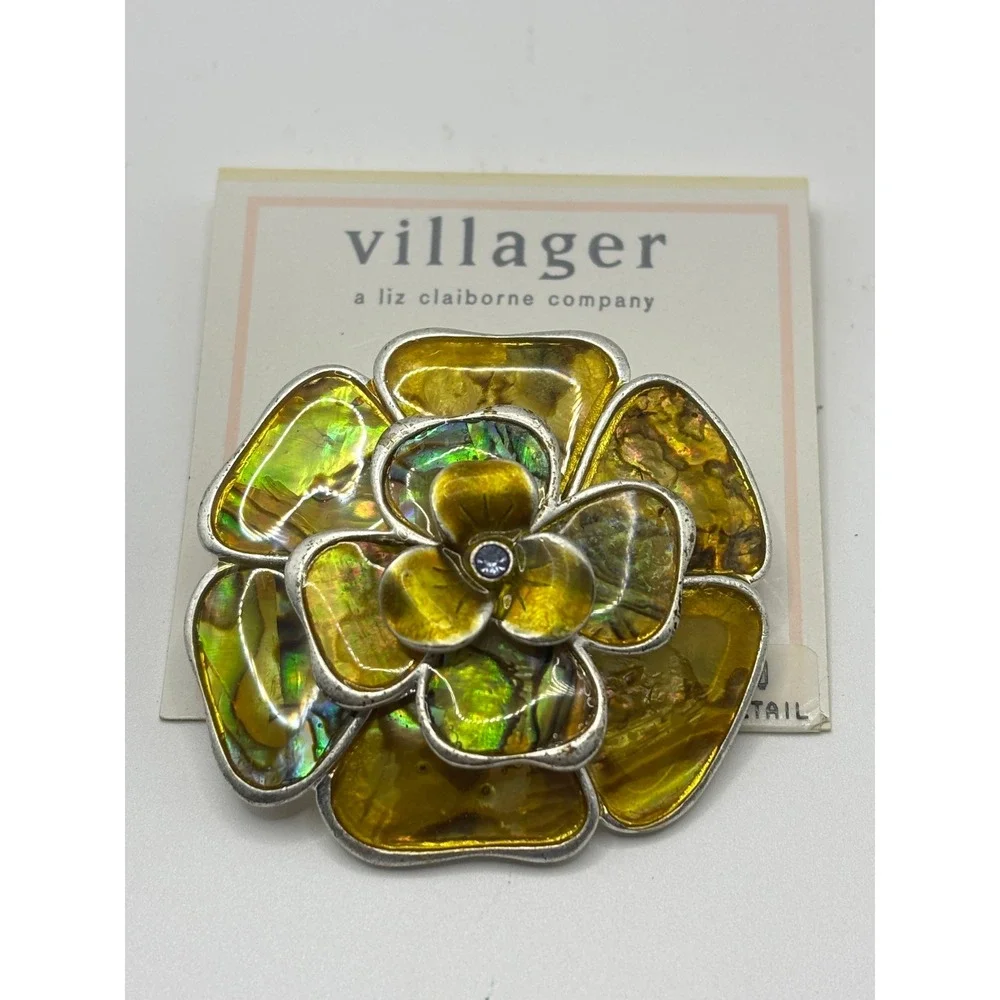 Villager Liz Claiborne Vintage Flower Brooch‎ Abalone Shell Yellow Silver Tone